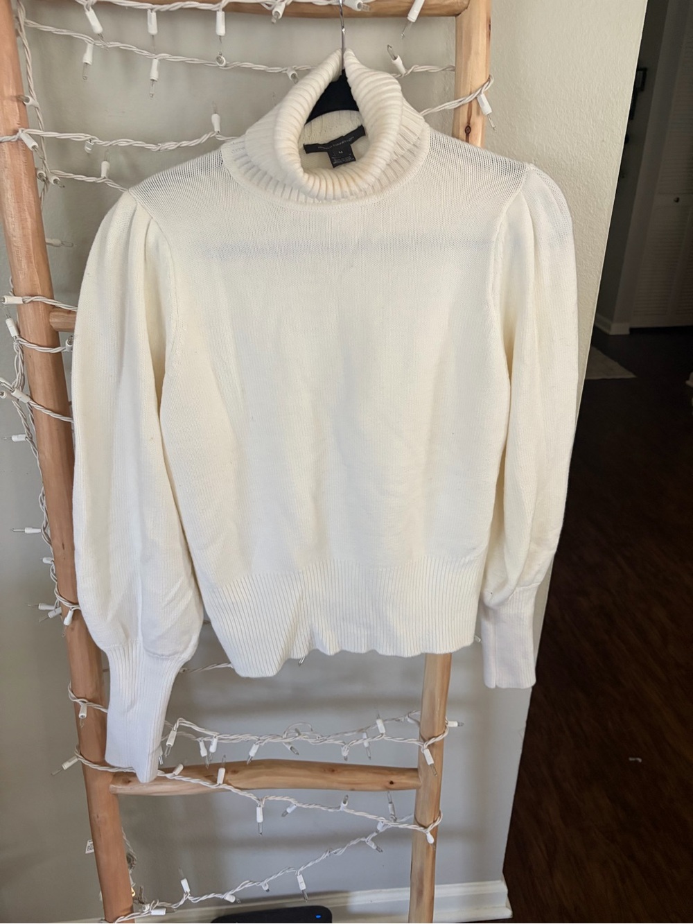 French Connection Cream Turtleneck Sweater with Puff Sleeve Detail